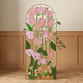 Stained Glass Window with Pink Roses Surrounded by Brown Walls and Wooden Floor