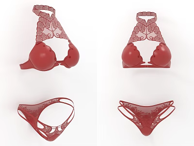 Fashionable Red Lingerie Set with Intricate Lace Bra and Panties Design 3d model