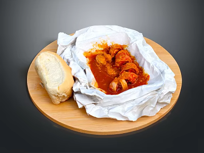 Red Meat and Vegetable Stew Served on White Paper with Bread on Wooden Tray 3d model
