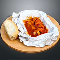 Red Meat and Vegetable Stew Served on White Paper with Bread on Wooden Tray