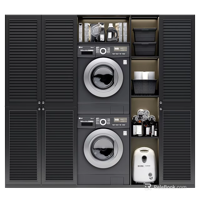 Black Bathroom Cabinet Rack With Washer Dryer Storage And Organizer Shelves 3d model 