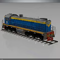 Blue and Yellow Train Model Featuring Detailed Wheels and Railings Design