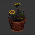Beautiful Sunflowers In Red Pot With Green Leaves And Yellow Petals