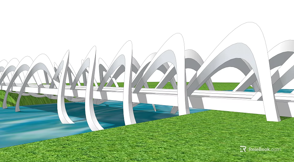Landscape Bridge With White Arched Structures Over Blue Water Surface And Green Grassland 3d model