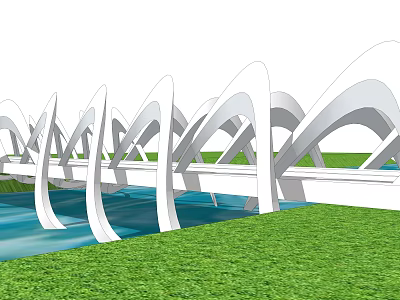 Landscape Bridge With White Arched Structures Over Blue Water Surface And Green Grassland 3d model