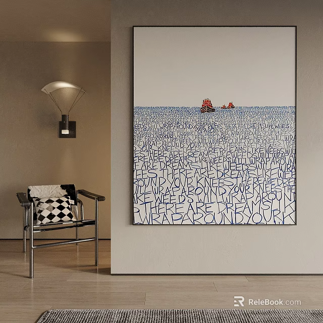 Scenic Artwork With Text Elements And Distant Red Objects On Wall 3d model