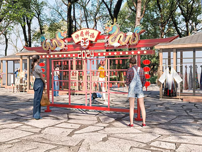 Traditional Red Festival Stall With 2024 Dragon Decorations Two Women And Clothes Among Trees 3d model