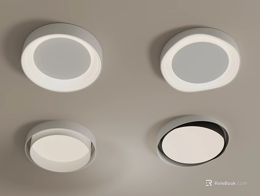 Four Round Modern Minimalist Ceiling Lights On Light Colored Ceiling With Different Edge Details 3d model 