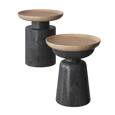 Set of Two Modern Side Tables With Round Wooden Tops And Dark Metal Bases 3d model