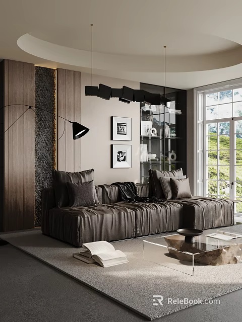 Modern Living Room Interior With Dark Leather Sofa Framed Wall Art And Large Window View 3d model 