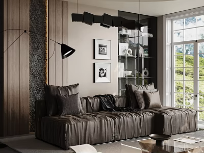 Modern Living Room Interior With Dark Leather Sofa Framed Wall Art And Large Window View 3d model
