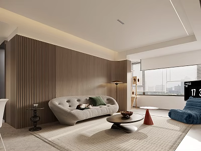 Modern Living Dining Room Interior With Curved Sofa Coffee Table Wooden Wall And Area Rug 3d model