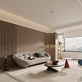 Modern Living Dining Room Interior With Curved Sofa Coffee Table Wooden Wall And Area Rug