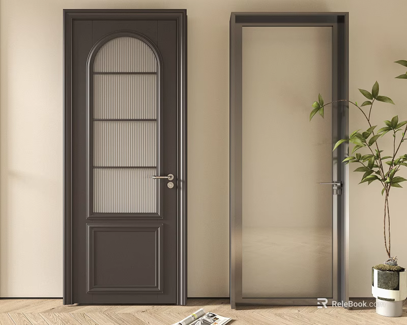 Two Hinged Doors Featuring Dark Arched Glass Panes And Light Clear Glass With Green Plant 3d model 