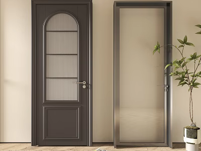 Two Hinged Doors Featuring Dark Arched Glass Panes And Light Clear Glass With Green Plant 3d model