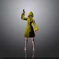 Woman in Yellow Hooded Coat Holding Phone Against Gray Background With Reflective Floor