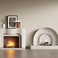 Modern White Fireplace Design With Flame Vase Framed Art And Metal Guardrail