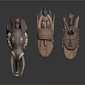 Traditional Handcrafted Wooden Sculpture Carvings With Tribal Masks And Geometric Designs