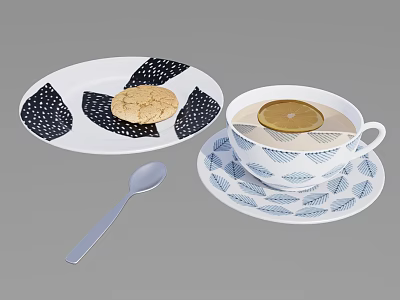 Elegant Teacup With Leaf Patterns Lemon Slice Plate Cookie And Spoon 3d model