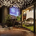 Modern Restaurant Interior Design With Decorative Ceiling Lights Bar Counter Menu Screens And Green Plants