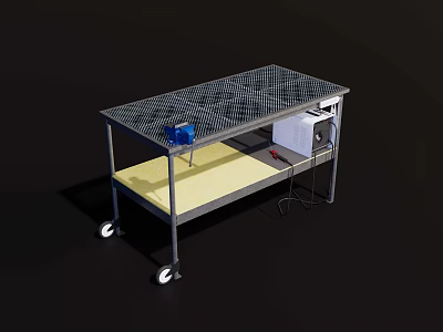 Hardware Tools Metal Workbench with Mesh Top Yellow Shelf and Wheels 3d model