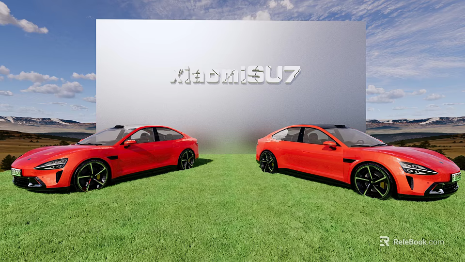 Xiaomi SU7 Showroom Display With Two Red Cars On Green Grass Under Blue Sky 3d model 