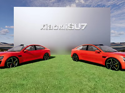 Xiaomi SU7 Showroom Display With Two Red Cars On Green Grass Under Blue Sky 3d model