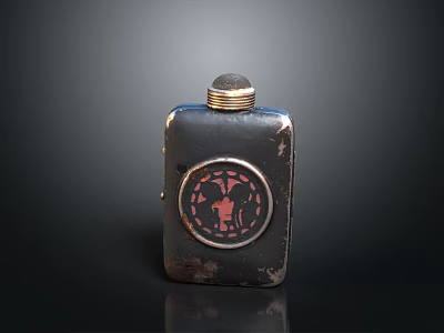 Vintage Metal Flask With Black Body Golden Cap And Circular Red Emblem Design 3d model