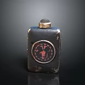 Vintage Metal Flask With Black Body Golden Cap And Circular Red Emblem Design