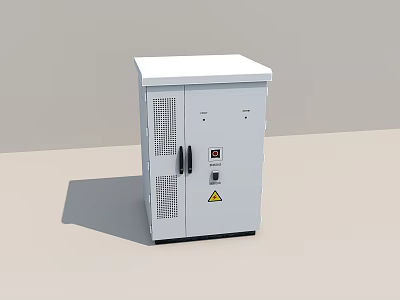 White Enclosed Industrial Equipment With Ventilation Holes Control Panel And Warning Sign 3d model