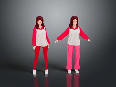 Cute Child Dolls In Red And White Tops With Red And Pink Pants Standing 3d model