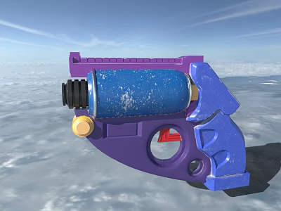 Colorful Purple Blue Toy Gun with Cylinder Gold Button Red Trigger Against Sky Clouds 3d model