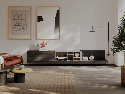 Modern TV Stand with Decorative Items in Living Room Brown Leather Sofa and Framed Artworks 3d model