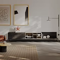 Modern TV Stand with Decorative Items in Living Room Brown Leather Sofa and Framed Artworks