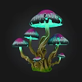 Colorful Glowing Mushrooms with Purple Green Caps Brown Stems and Green Moss