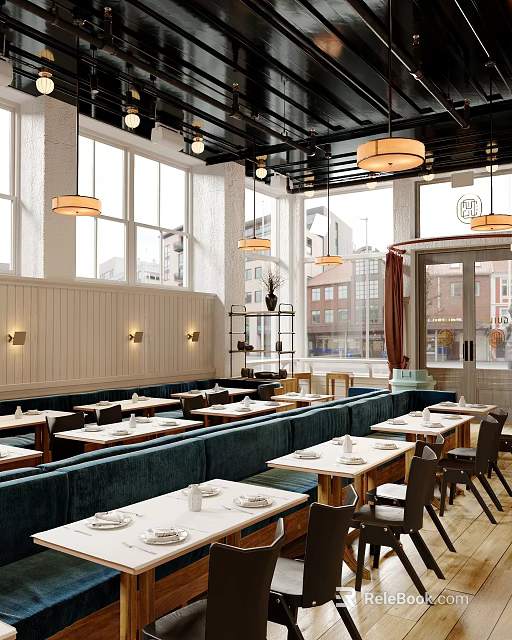 Modern Café Interior With Large Windows Hanging Lamps And Cozy Dining Seats 3d model 