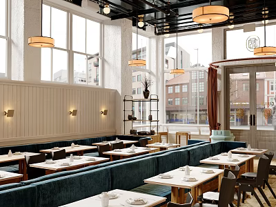 Modern Café Interior With Large Windows Hanging Lamps And Cozy Dining Seats 3d model