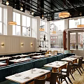 Modern Café Interior With Large Windows Hanging Lamps And Cozy Dining Seats