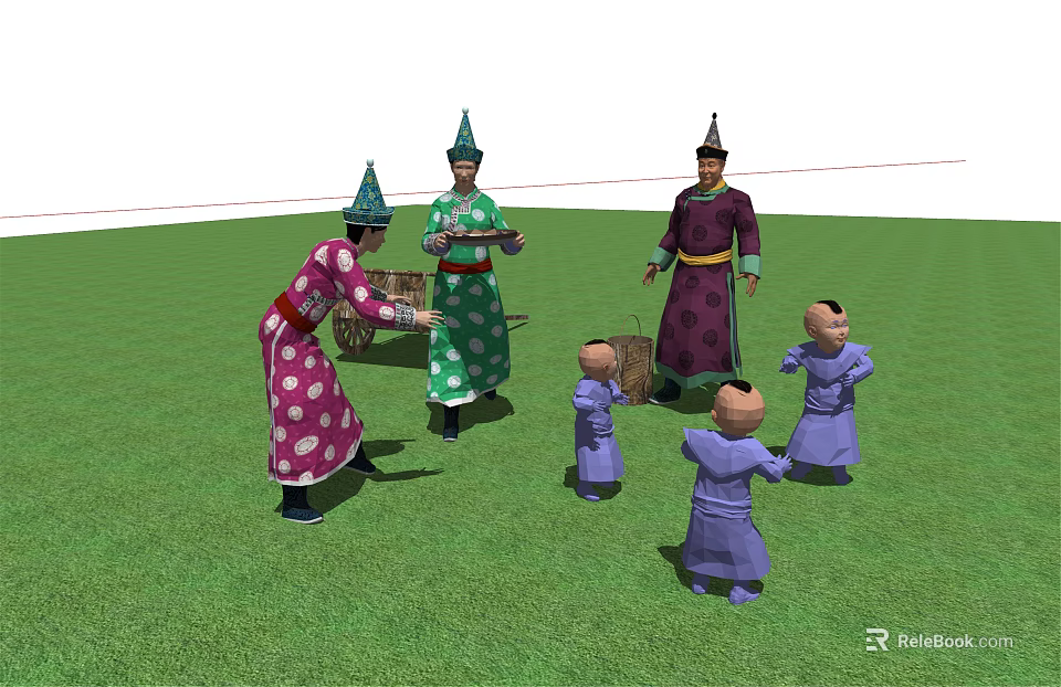 Group of People in Traditional Costumes Playing on Green Grassland with Children 3d model 