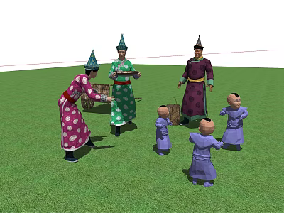 Group of People in Traditional Costumes Playing on Green Grassland with Children 3d model