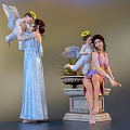 Women in Long Dresses Holding Angels with Halo and Wings near Stone Pedestal