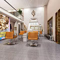 Modern Hair Salon Interior With Orange Chairs Round Mirrors And Display Shelves