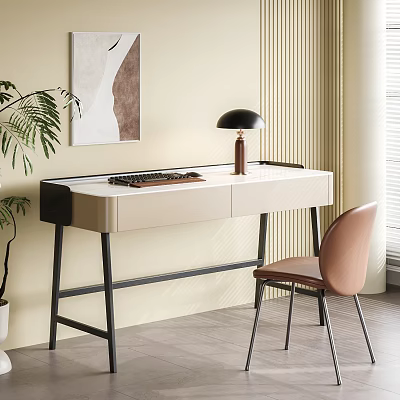 Modern Minimalist Desk With Black Lamp Brown Chair Green Plant And Wall Art Near Blinds 3d model