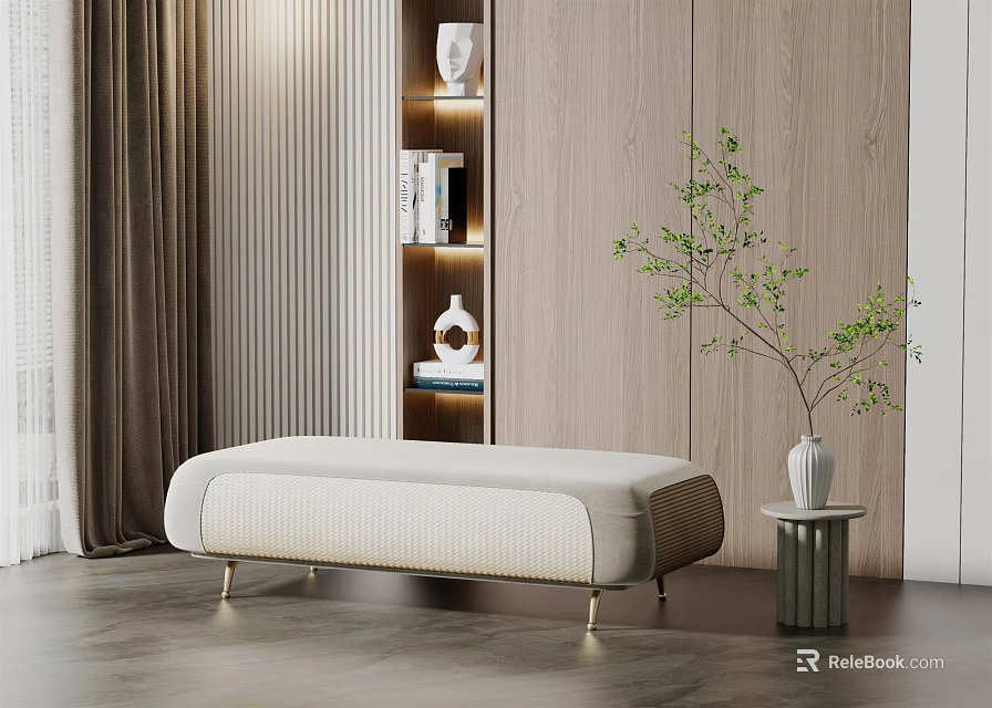 Beige Upholstered Sofa Bench with Metal Legs Wooden Wall Shelf and Green Plant 3d model 