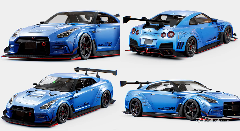 Blue Nissan GT-R R35 Sports Car With Rear Spoiler Black Wheels And Red Accents 3d model 