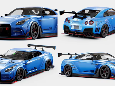 Blue Nissan GT-R R35 Sports Car With Rear Spoiler Black Wheels And Red Accents 3d model
