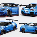 Blue Nissan GT-R R35 Sports Car With Rear Spoiler Black Wheels And Red Accents
