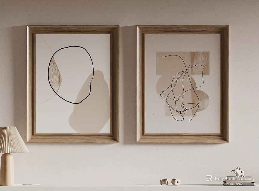 Abstract Wall Art In Wooden Frames With Table Lamp And Small Decor Items 3d model