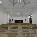 Bright School Classroom Interior With Wooden Tables Chairs Blackboard And Windows 3d model