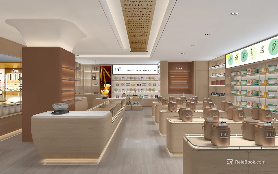 Neat Specialty Store Interior With Wooden Shelves Displayed Products Counter And Lighting 3d model 